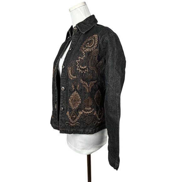 Chico's Black Denim Jacket XS 0 Embroidered Beaded Cropped Boho Western Vintage - Picture 3 of 16
